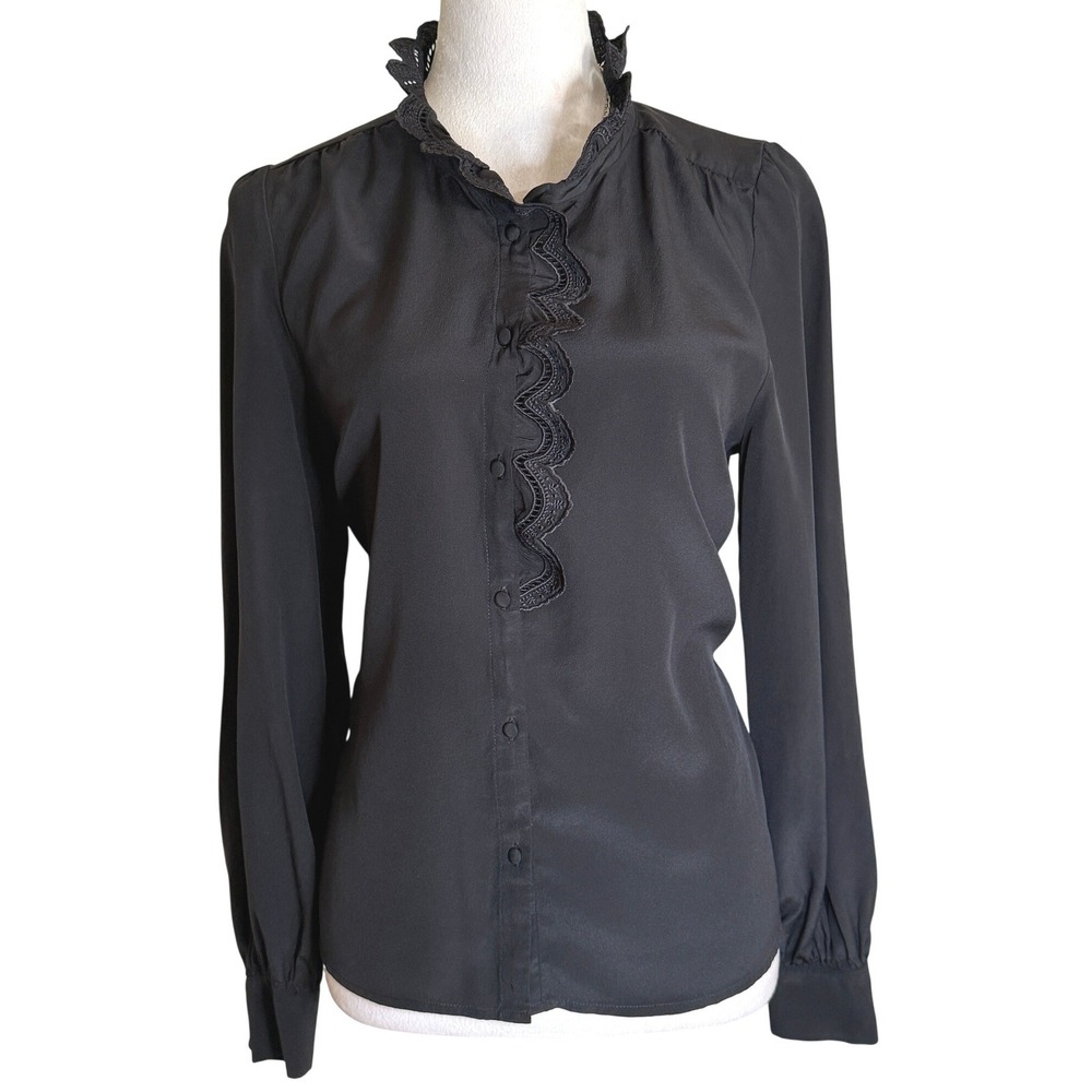 Sezane Chlo Shirt Black Lace Ruffle Collar Button Front Blouse French Girl 8 - Picture 12 of 13